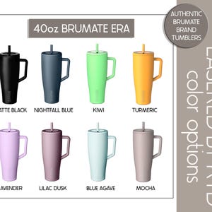 a collection of 40oz brumate era tumblers in various colors, including black, green, yellow, lavender, lilac dusk, blue agave, and mocha.