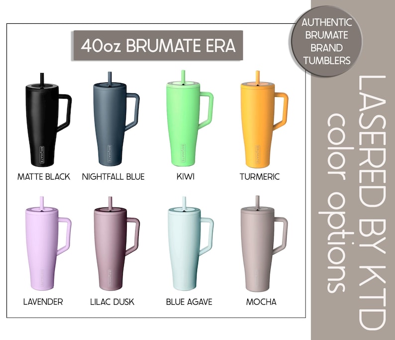 a collection of 40oz brumate era tumblers in various colors, including black, green, yellow, lavender, lilac dusk, blue agave, and mocha.