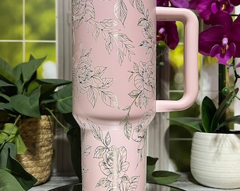 Delicate Roses Laser Engraved 40oz Tumbler with Handle Lid and Straw, Custom Engraved Seamless Floral Tumbler, Double Wall Insulated Cup