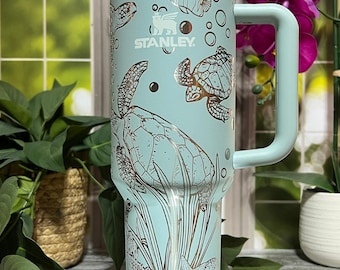 Sea Turtles Laser Engraved 40oz Tumbler with Handle Lid and Straw, Custom Engraved Seamless Tumbler, Double Wall Insulated Cup