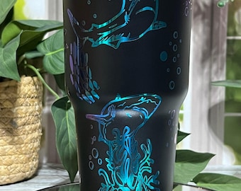 Sharks Ocean Scene Laser Engraved 20oz / 30oz Tumbler With Slide Closure Lid, Custom Seamless Tumbler, Double Wall Insulated Cup
