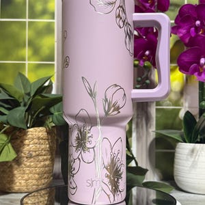 Cherry Blossoms Laser Engraved 40oz Tumbler with Handle Lid and Straw, Custom Engraved Seamless Floral Tumbler, Double Wall Insulated Cup