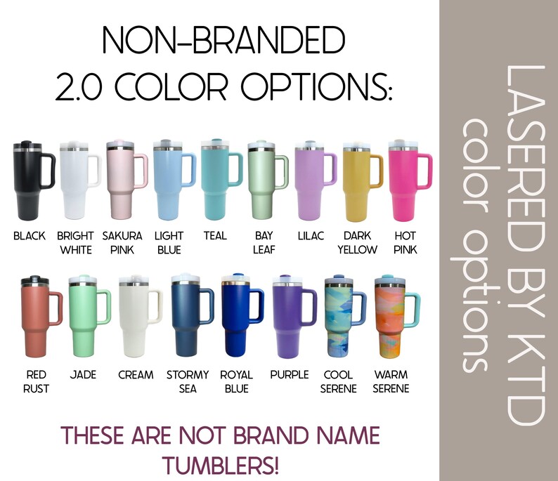 a collection of colorful tumblers, each with a different color option, arranged in a grid format. The text indicates that these are non-branded color options and not brand names.