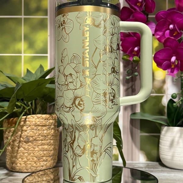 Orchids Floral Laser Engraved Tumbler, Custom Stainless Steel Handled Cup, Personalized Drinkware