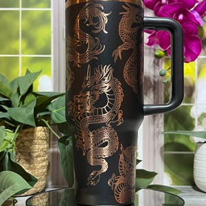 Chinese Dragons Laser Engraved 40oz Tumbler with Handle Lid and Straw, Custom Engraved Seamless Tumbler, Double Wall Insulated Cup