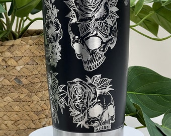 Skulls & Roses Laser Engraved 20oz / 30oz Tumbler With Slide Closure Lid, Custom Seamless Tumbler, Double Wall Insulated Cup
