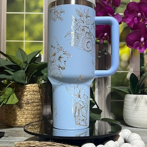 Photography Floral Cameras Laser Engraved 40oz Tumbler with Handle Lid & Straw, Custom Engraved Seamless Tumbler, Double Wall Insulated Cup