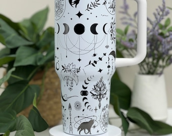 Boho Wolves Moons Lotus Laser Engraved 40oz Tumbler with Handle Lid and Straw, Custom Engraved Seamless Tumbler, Double Wall Insulated Cup