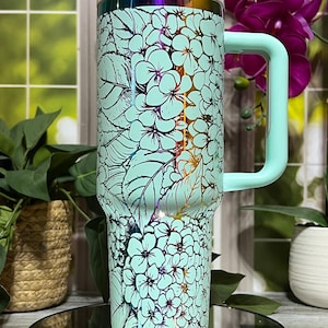 Hydrangeas Laser Engraved 40oz Tumbler with Handle Lid and Straw, Custom Engraved Seamless Floral Tumbler, Double Wall Insulated Cup