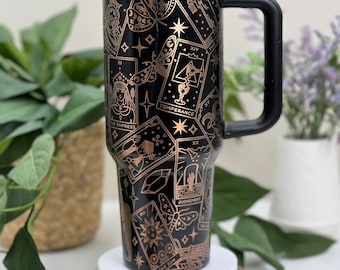 Tarot Cards Laser Engraved 40oz Tumbler with Handle Lid and Straw, Custom Engraved Seamless Tumbler, Double Wall Insulated Cup