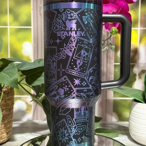 Tarot Cards Laser Engraved 40oz Tumbler with Handle Lid and Straw, Custom Engraved Seamless Tumbler, Double Wall Insulated Cup