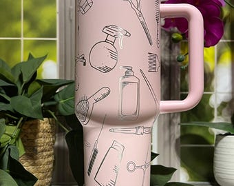 Hairstylist Cosmetology Laser Engraved 40oz Tumbler with Handle Lid and Straw, Custom Engraved Seamless Tumbler, Double Wall Insulated Cup