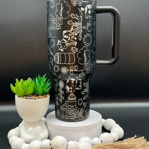 Cow Doodles Laser Engraved 40oz Tumbler with Handle Lid and Straw, Custom Engraved Seamless Tumbler, Double Wall Insulated Cup