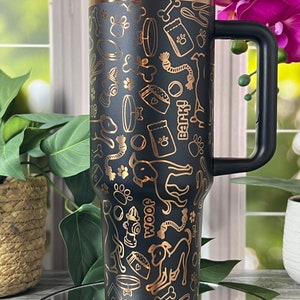 Greyhound Whippit Dog Cute Dog Doodles Laser Engraved 40oz Black and Copper Non Branded Double Wall Insulated Tumbler w Handle & Straw RTS!