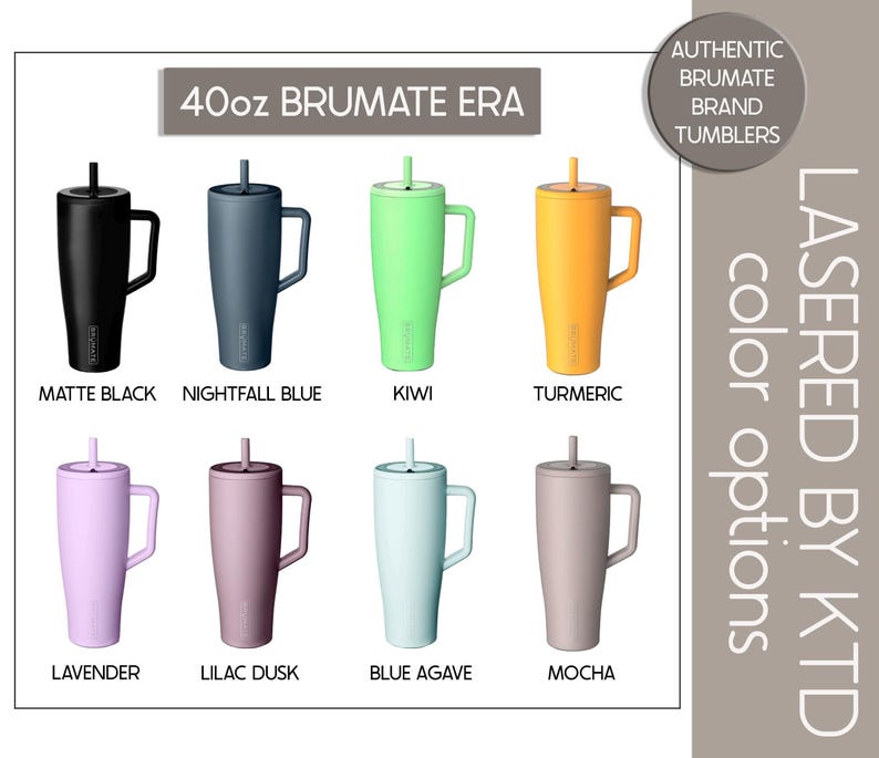 a collection of 40oz brumate era tumblers in various colors, including black, green, yellow, lavender, lilac dusk, blue agave, and mocha.