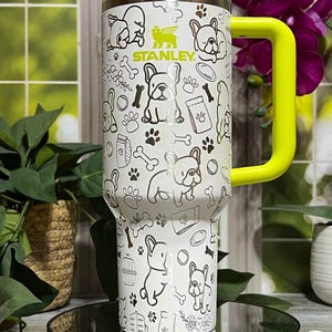 French Bulldog Doodle Tumbler | 40oz Custom Engraved Dog Cup | Frenchie Lover Gift | Double Wall Insulated with Handle & Straw