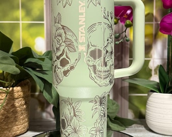 Skulls & Roses Laser Engraved 40oz Tumbler with Handle, Insulated Mug