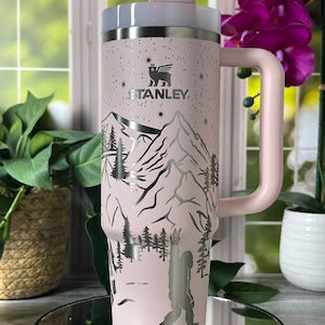 Funny Bigfoot Tumbler | Snarky Sasquatch 40oz Cup | Mountain Scene Mug | Laser Engraved | Gift for Him | Insulated with Handle