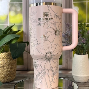 Cosmos & Marigolds Laser Engraved 40oz Tumbler with Handle Lid and Straw, Custom Engraved Seamless Tumbler, Double Wall Insulated Cup