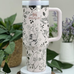 Floral Books Reading Laser Engraved 40oz Tumbler with Handle Lid and Straw, Custom Engraved Seamless Tumbler, Double Wall Insulated Cup