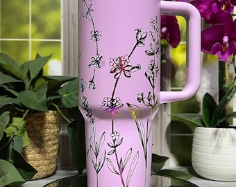 Lavender Laser Engraved 40oz Tumbler with Handle Lid and Straw, Custom Engraved Seamless Floral Tumbler, Double Wall Insulated Cup