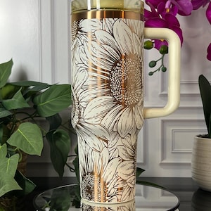 Sunflower 40oz Engraved Tumbler | Floral Custom Travel Mug | Gift for Her | Double Wall Insulated | Straw & Handle Included