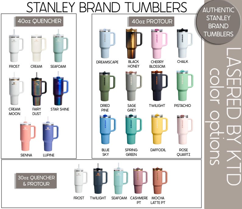 a collection of 40oz stainless steel tumblers in various colors, including cream, frost, and strawberry, as well as 40oz stainless steel tumblers in different colors like black, pink, and yellow.