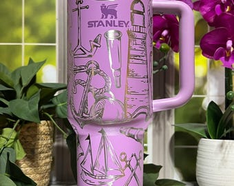 Nautical Doodles Laser Engraved 40oz Tumbler with Handle Lid and Straw, Custom Engraved Seamless Tumbler, Double Wall Insulated Cup