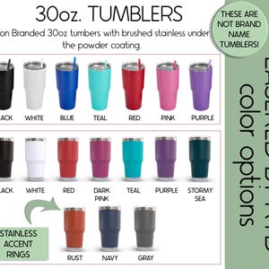 a collection of non-branded 30oz. tumblers in various colors, including stainless steel accents and powder coat options.
