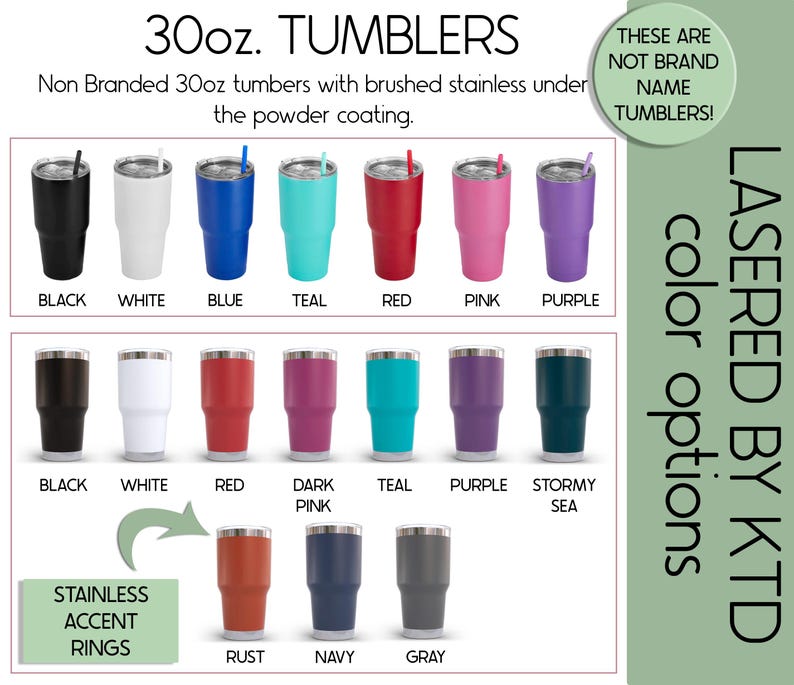 a collection of non-branded 30oz. tumblers in various colors, including stainless steel accents and powder coat options.