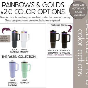 The image is a collage of three different colored stainless steel tumblers, each with a different color option: Rainbows & Golds v2.0, Oil Slick Rainbow Underlay, and Pastel Collection.