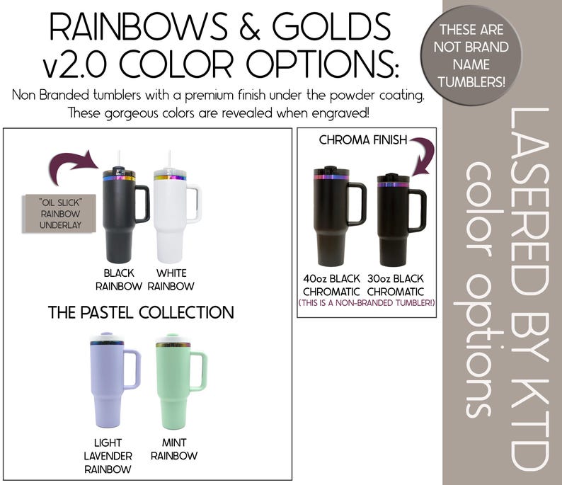 The image is a collage of three different colored stainless steel tumblers, each with a different color option: Rainbows & Golds v2.0, Oil Slick Rainbow Underlay, and Pastel Collection.