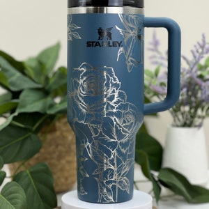 Roses Laser Engraved 40oz Tumbler with Handle Lid and Straw, Custom Engraved Seamless Floral Tumbler, Double Wall Insulated Cup