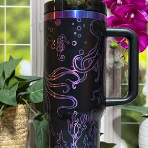Octopus Laser Engraved 40oz Tumbler with Handle Lid and Straw, Custom Engraved Seamless Tumbler, Double Wall Insulated Cup