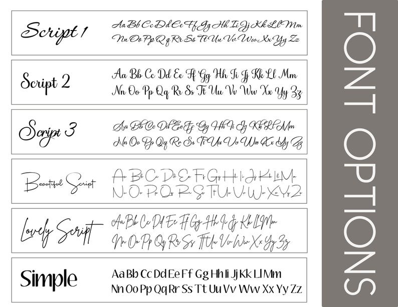 a collection of various font styles and script types, including script 1, script 2, script 3, beautiful script, lovely script, and simple script.