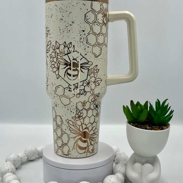 Honey Bees Distressed Laser Engraved 40oz Tumbler with Handle Lid and Straw, Custom Engraved Seamless Tumbler, Double Wall Insulated Cup