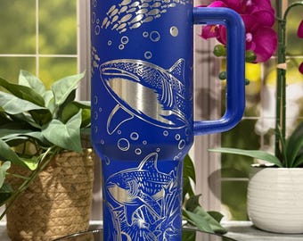 Whale Sharks Laser Engraved 40oz Tumbler with Handle Lid and Straw, Custom Engraved Seamless Tumbler, Double Wall Insulated Cup