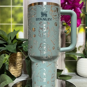English Bulldog Doodle Laser Engraved Tumbler, Custom Stainless Steel Handled Cup, Personalized Drinkware Gift