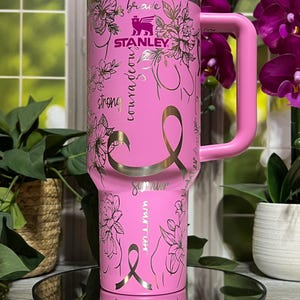 Breast Cancer Floral Laser Engraved 40oz Tumbler with Handle Lid and Straw, Custom Engraved Seamless Tumbler, Double Wall Insulated Cup