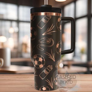 Soccer Sports Laser Engraved 40oz Tumbler with Handle Lid and Straw, Custom Engraved Seamless Tumbler, Double Wall Insulated