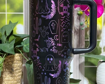 Halloween Ghost Doodles Laser Engraved 40oz Tumbler with Handle Lid and Straw, Custom Engraved Seamless Tumbler, Double Wall Insulated Cup
