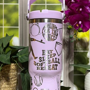 Softball Laser Engraved Custom Flip Top Tumbler with Handle Lid, Sports Tumbler, Kids Cup, Double Wall Insulated Cup, Back To School