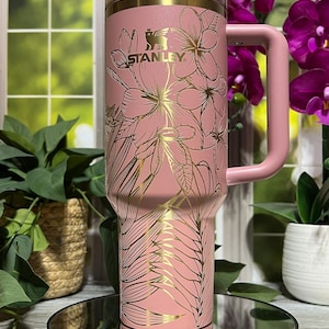 Tropical Plants Laser Engraved 40oz Tumbler with Handle Lid and Straw, Custom Engraved Seamless Floral Tumbler, Double Wall Insulated Cup