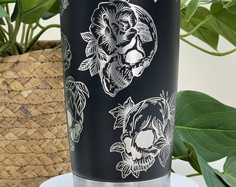 Skulls & Roses Themed Laser Engraved Custom Seamless 20oz Black Non Branded Tumbler, Double Wall Insulated Cup READY TO SHIP!