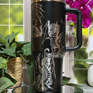 Fantasy Dragons Laser Engraved 40oz Tumbler with Handle Lid and Straw, Custom Engraved Seamless Tumbler, Double Wall Insulated Cup