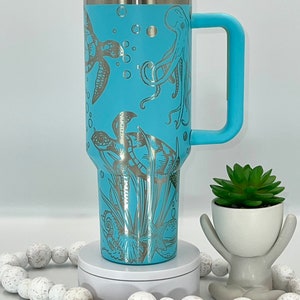 Octopus & Turtles Laser Engraved 40oz Tumbler with Handle Lid and Straw, Custom Engraved Seamless Tumbler, Double Wall Insulated Cup