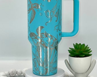 Octopus & Turtles Laser Engraved 40oz Tumbler with Handle Lid and Straw, Custom Engraved Seamless Tumbler, Double Wall Insulated Cup