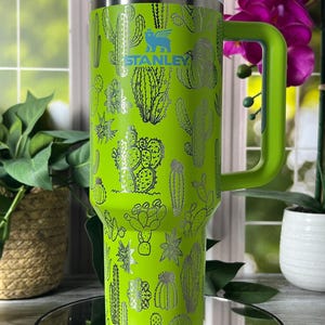 Cute Cactus Laser Engraved 40oz Tumbler with Handle Lid and Straw, Custom Engraved Seamless Tumbler, Double Wall Insulated Cup