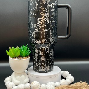 Cow Doodles Laser Engraved 40oz Tumbler with Handle Lid and Straw, Custom Engraved Seamless Tumbler, Double Wall Insulated Cup