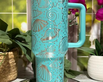 Seashells Beach Vacation Laser Engraved 40oz Tumbler with Handle Lid and Straw, Custom Engraved Seamless Tumbler, Double Wall Insulated Cup